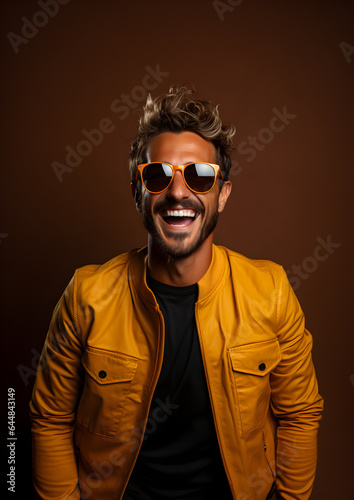 Man in sunglasses with raised arms poses in studio on background