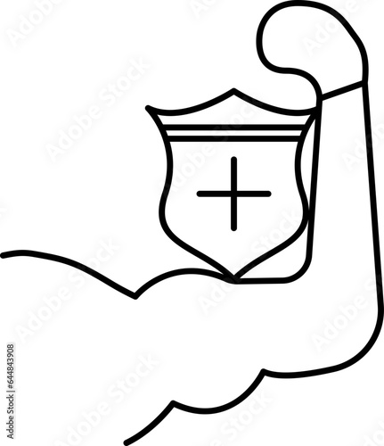 Bodybuilding Medical Shield Icon In Black Line Art.
