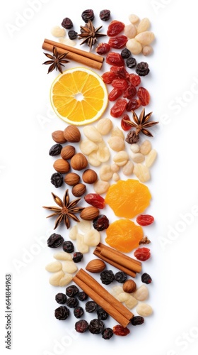 Fototapeta Naklejka Na Ścianę i Meble -  A variety of fruits and nuts arranged on a white surface. Digital image.