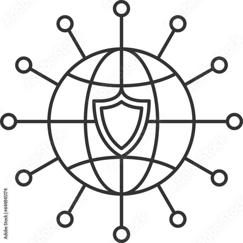 Global Networking With Shield Icon In Thin Line Art.