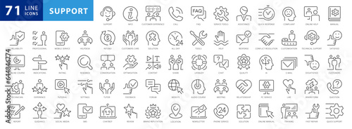 Customer Service and Support, Black and White Thin Line Icon Set. Outline Style Icon Set contains such Icons as Satisfaction, Support, Helpdesk, Response, Feedback, FAQ and more. Full Vector icons set