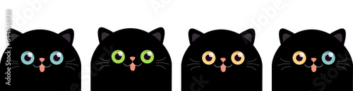 Black cat set. Funny kitten. Face head silhouette. Blue, yellow, green eyes. Cute cartoon baby character. Kawaii pet animal. Pink nose, ears, tongue. Sticker print. Flat design. White background.