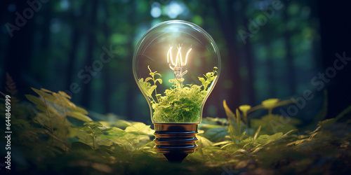 light bulb on the background of a tree. Glowing Green: A Light Bulb Illuminated on a Grassy Field, Filled with Grass as a Concept for Renewable Energy