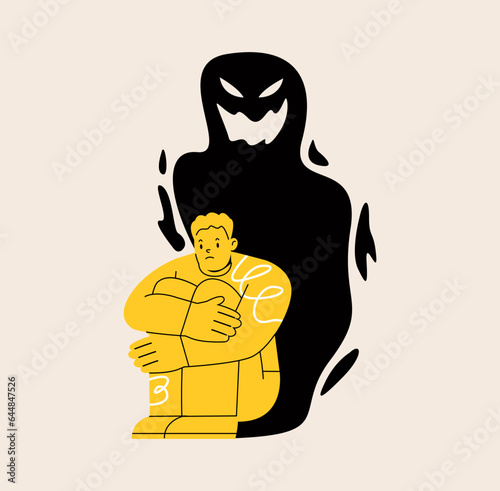 Man having a panic attack, an imaginary monster shadow silhouette, mental health issues, psychology. Colorful vector illustration