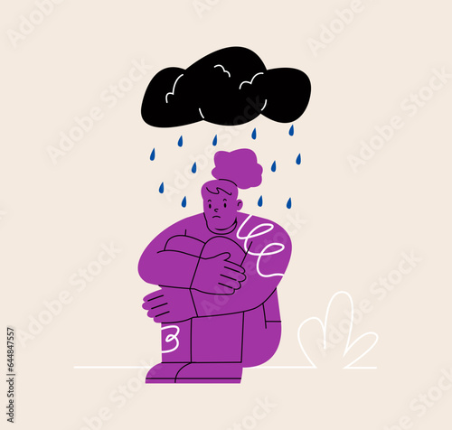 Psychology. Sad unhappy young woman sitting under the rain cloud. Colorful vector illustration