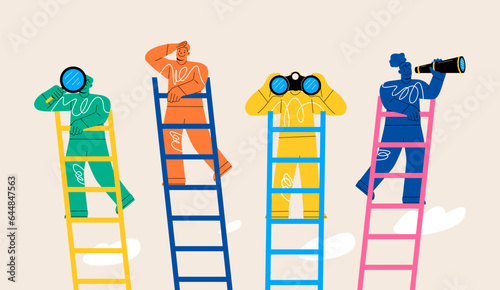 New employee  looks into the future at the top of ladder. New business ideas. Concept of choosing the direction of development. Colorful vector illustration