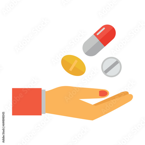 Medicine capsule pills falling into open palm. Taking medication to maintain health. Multicolored flat vector icon representing medicine items concept isolated on white background