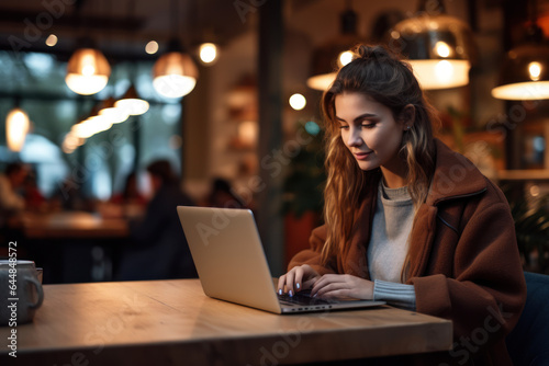 Young Woman Freelancer Working on Laptop at Café