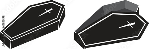 Simple Coffin with cross symbols on top. Vector illustration. Closed and open coffins style.