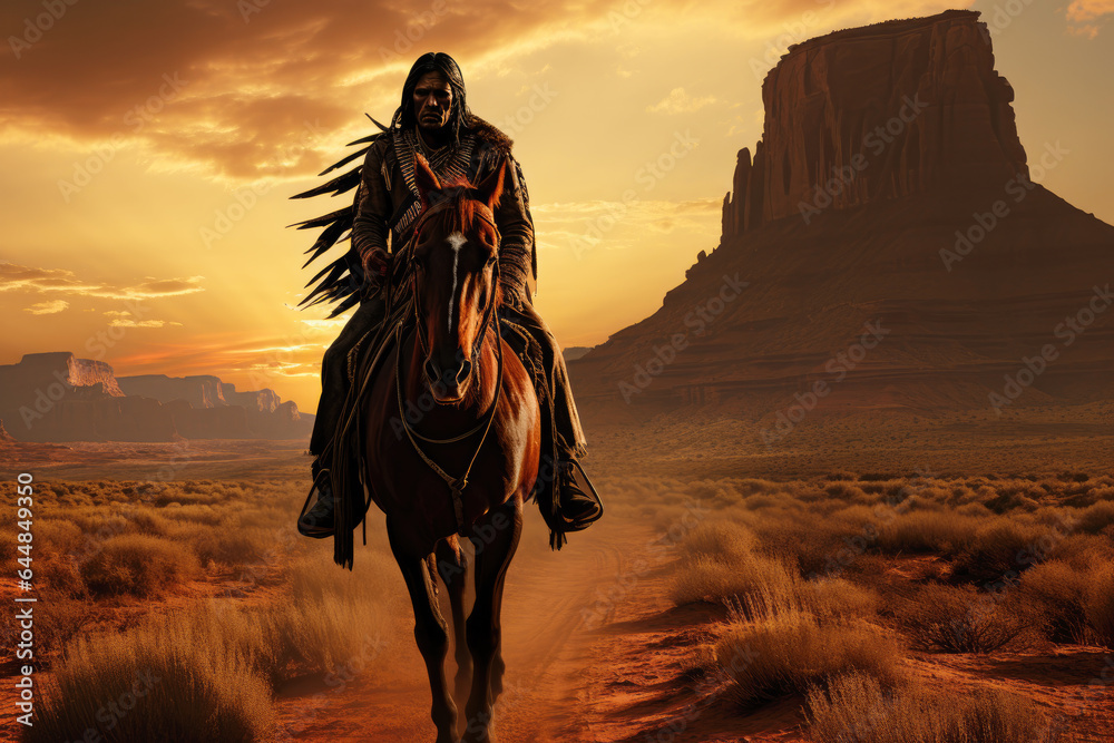 Native american warrior riding a horse in the wild west desert, indigenous navajo indian man in traditional cloth - obrazy, fototapety, plakaty 