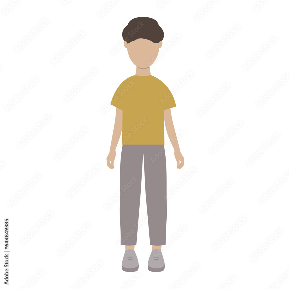 Graphic vector illustration of a boy in a t-shirt, sneakers and gray pants on a white background. Graphic vector illustration of a boy in a t-shirt, sneakers and gray pants on a white background.