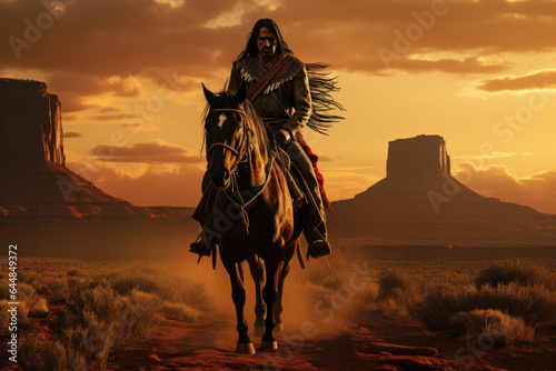 Native american warrior riding a horse in the wild west desert, indigenous navajo indian man in traditional cloth