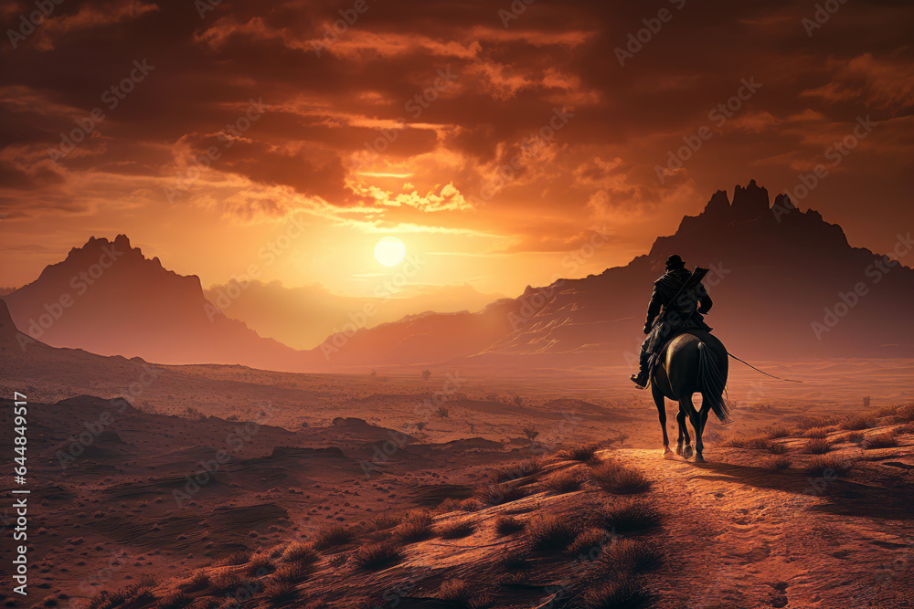 Native american man riding a horse in the wild west desert at sunset ...