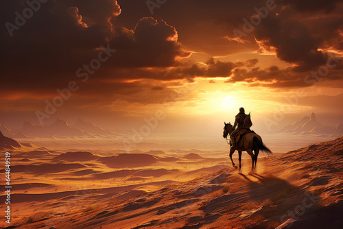 Native american man riding a horse in the wild west desert at sunset, indigenous navajo indian in traditional cloth