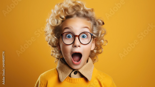 Generative AI, surprised child, little curly cute kid, cheerful toddler, emotions, shocked joyful facial expression, enthusiastic face, colorful bright background, emotional portrait © Julia Zarubina