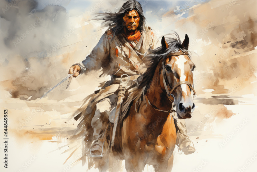 Native american man riding a horse in the wild west desert in watercolor, indigenous navajo indian in traditional cloth - obrazy, fototapety, plakaty 
