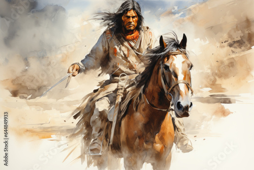 Native american man riding a horse in the wild west desert in watercolor, indigenous navajo indian in traditional cloth © pariketan