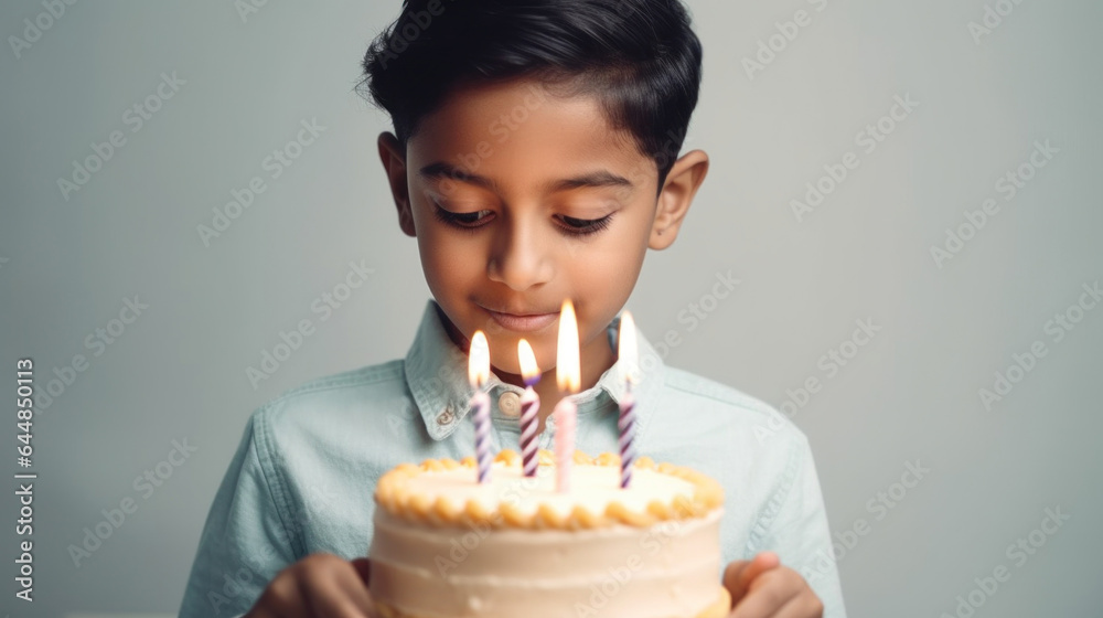 A cute little boy enjoys their birthday cake and candles, made possible by Generative AI