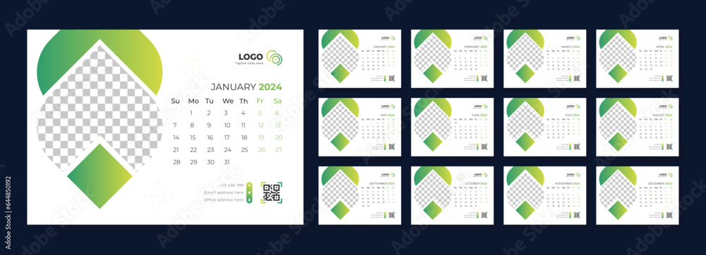 Desk Calendar 2024 template design, Office Calendar 2024, Week starts on Sunday Desk Calendar 2024 template design, Office Calendar 2024, Week starts on Sunday
