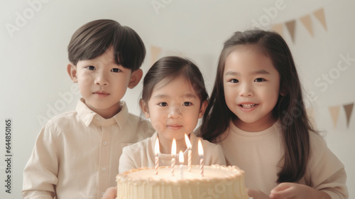 Asian kids celebrate with birthday cake. Generative AI