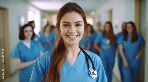 Beautiful young female doctor is looking at the camera and smiling