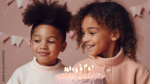 Afro kids gather around birthday cake. Generative AI