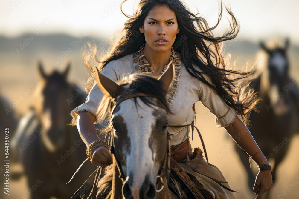 Native american woman riding a horse in the wild west desert, young ...