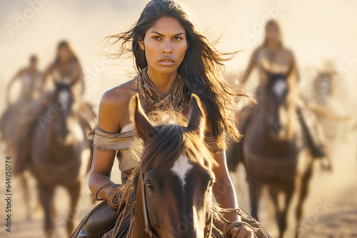 Native american woman riding a horse in the wild west desert, young indigenous navajo indian in traditional cloth