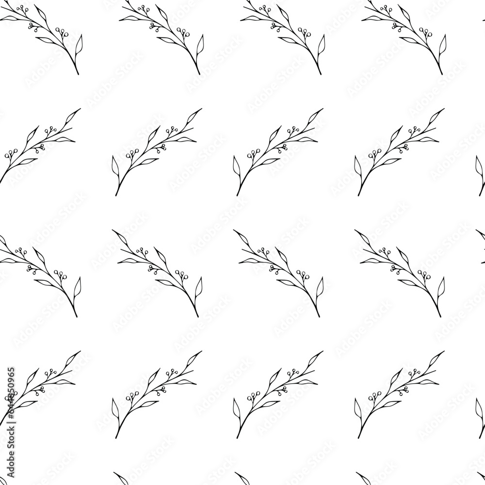 Seamless pattern of black and white branches on a white background.
