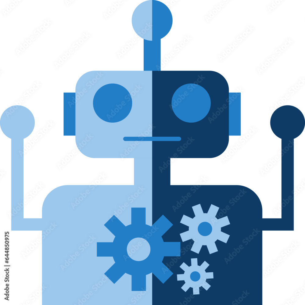 Flat Style Robot With Cogwheel Icon In Blue Color. Flat Style Robot With Cogwheel Icon In Blue Color.