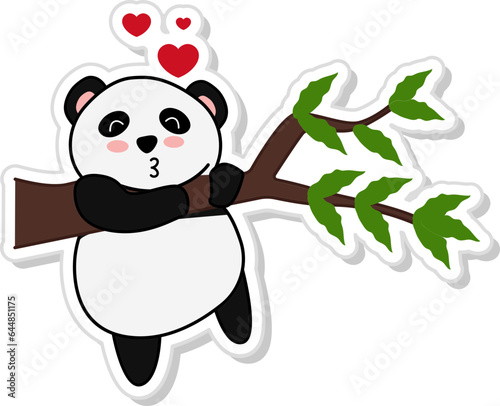 Paper Cut Style Flying Kiss Panda Hanging Branch Icon.