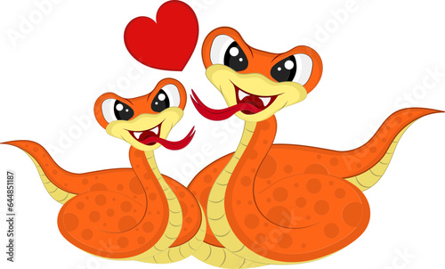 Loving Snake Couple Cartoon With Heart Over White Background.