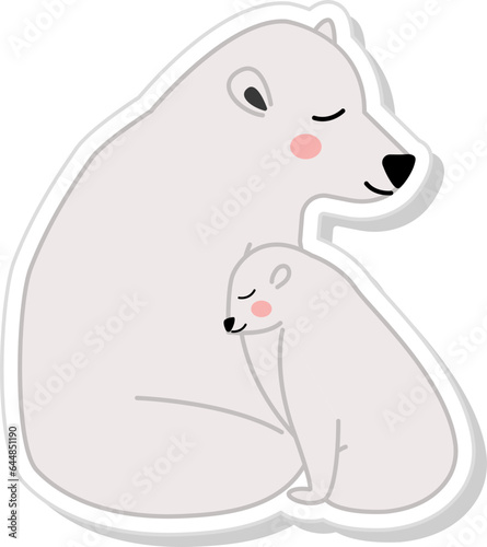 Cutout Style Polar Bear Hugging Baby Character Icon.