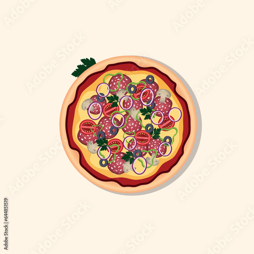 Vector image of pizza with different ingredients. Pizza with pepperoni, mushrooms, tomatoes, parsley, onions, olives.