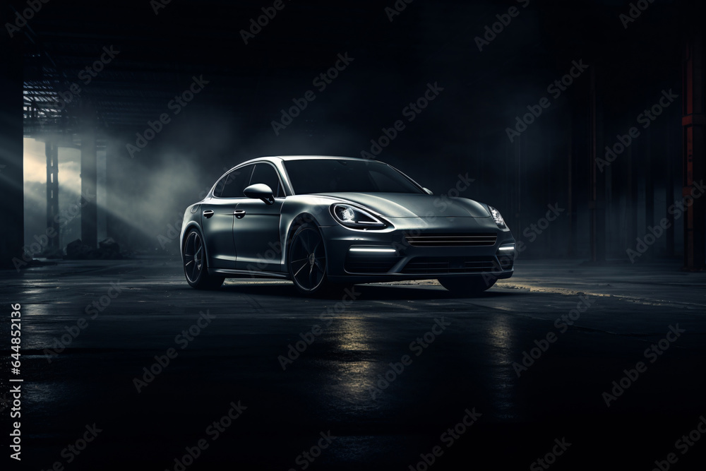 Luxury expensive car parked on dark background. Sport and modern luxury design gray car. Shiny clean lines and detailed front view of modern automotive. Automotive advertising banner. - obrazy, fototapety, plakaty 
