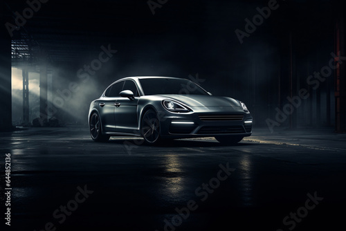 Luxury expensive car parked on dark background. Sport and modern luxury design gray car. Shiny clean lines and detailed front view of modern automotive. Automotive advertising banner. © Artinun