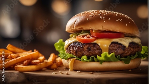 photography of a cheeseburger on wooden plate #19, food photography, ai generated
