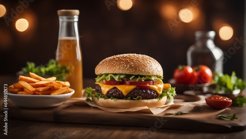 photography of a cheeseburger on wooden plate #5, food photography, ai generated