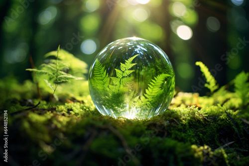 World Environment Day background. Earth day. Glass globe in green forest. Environmental conservation. Green planet. Environmental concept of saving planet Earth. Fragile ecosystem.
