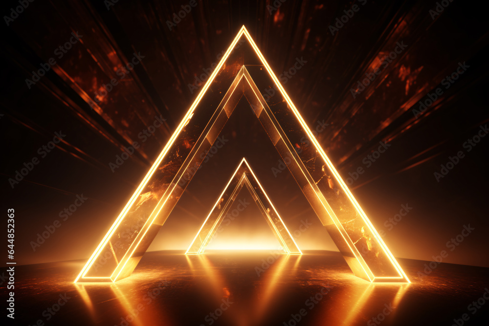 Neon light abstract background. Triangle tunnel or corridor sepia colors neon glowing lights. Laser lines and LED technology create glow in dark room. Cyber club neon light stage room. - obrazy, fototapety, plakaty 