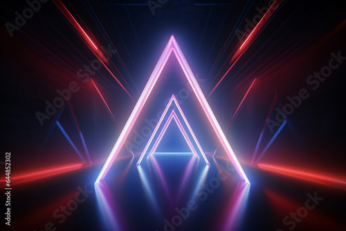 Neon light abstract background. Triangle tunnel or corridor pastel colors neon glowing lights. Laser lines and LED technology create glow in dark room. Cyber club neon light stage room.