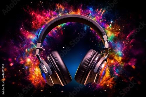 Music-event design- headphones- volume explosion- glitter- sound waves- electronic music- techno festival. Generative AI