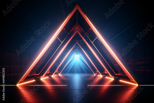 Neon light abstract background. Triangle tunnel or corridor autumn colors neon glowing lights. Laser lines and LED technology create glow in dark room. Cyber club neon light stage room.