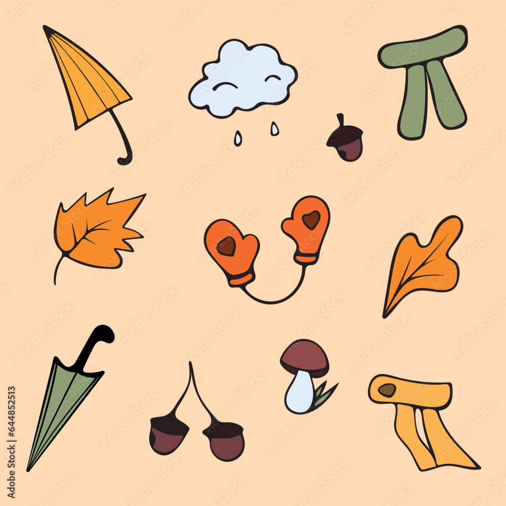 Graphic vector illustration of an autumn set on a beige background. Umbrellas, cloud, mushroom, leaves, acorns, mittens, scarves. Graphic vector illustration of an autumn set on a beige background. Umbrellas, cloud, mushroom, leaves, acorns, mittens, scarves.
