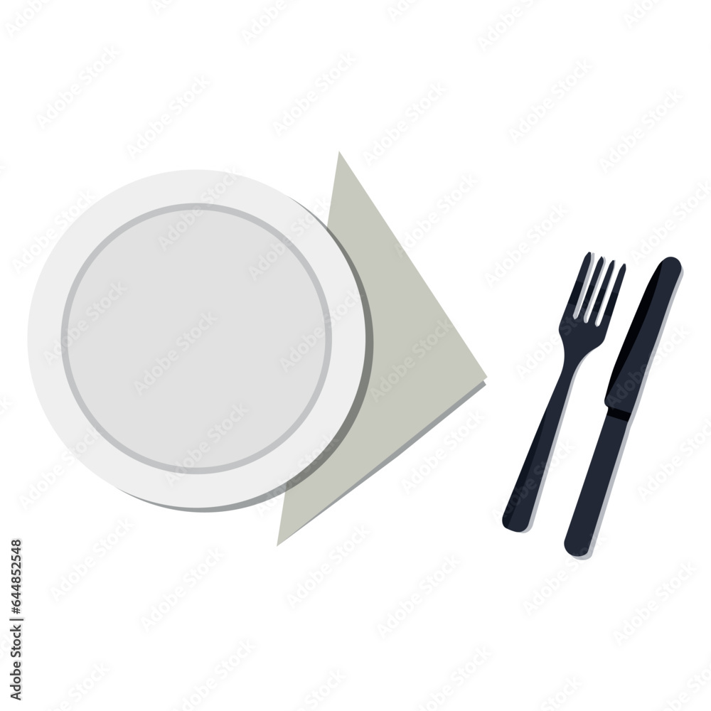 Vector illustration of the dining table setting. Plate, napkins and cutlery on a white background. Vector illustration of the dining table setting. Plate, napkins and cutlery on a white background.