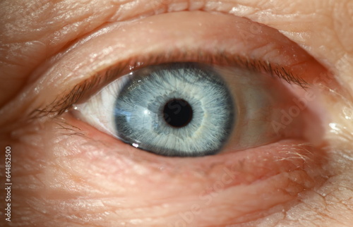 Blue human eye with black pupil closeup. Computer vision diagnostics concept