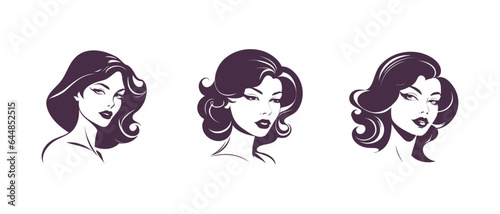 Vector set of graphic monochrome portraits of chic beautiful fashionable young ladies on a white isolated background. Stickers, logos or icons.
