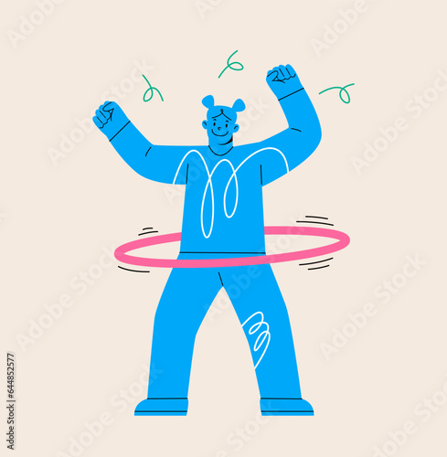 Cheerful young woman spinning hula hoop on waist. Colorful vector illustration
