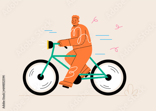 Man riding on bike outdoor. Young happy male enjoying sports activity and healthy lifestyle. Colorful vector illustration