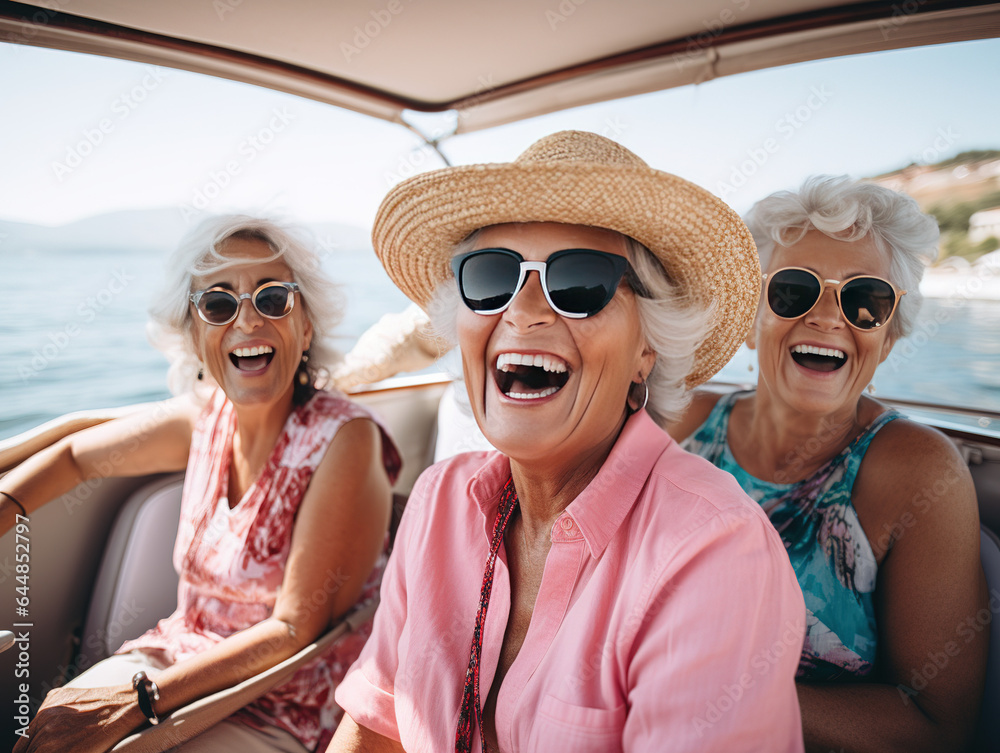 Elderly women on a boat trip enjoying retirement. Modern Aging